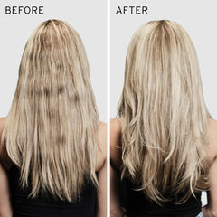 Before and after hair results with visible shine and smoother ends using Fekkai Repair Mask.