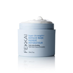 Fekkai Super Strength+ Repair Mask jar shows premium formula for stronger, smoother hair.