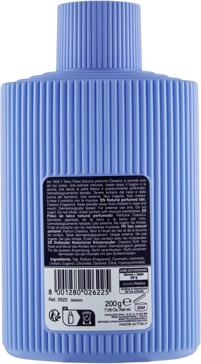 Felce Azzurra Classic Talc on skin provides a dry, silky finish.