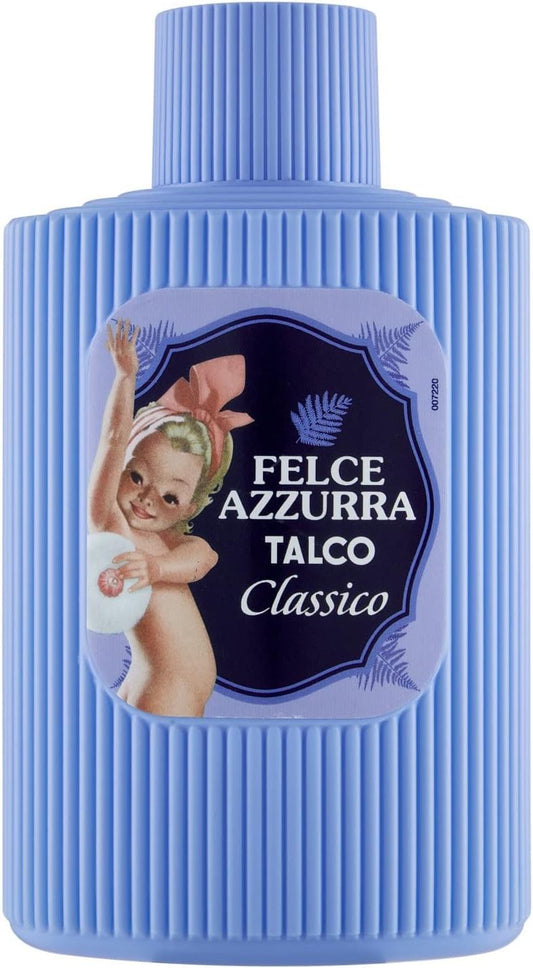 Felce Azzurra Classic Talc powder-dispense shown for easy application.