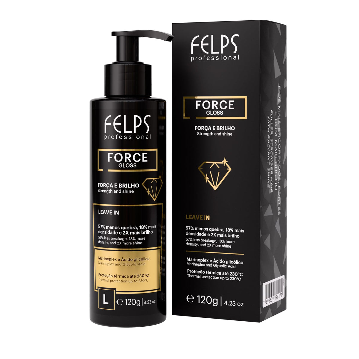 Felps Professional Force Gloss Leave-In bottle on shelf signaling premium strength and shine.