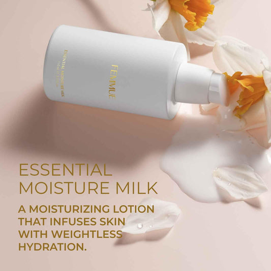 Close-up of FEMMUE Essential Moisture Milk creamy texture showing silky hydration