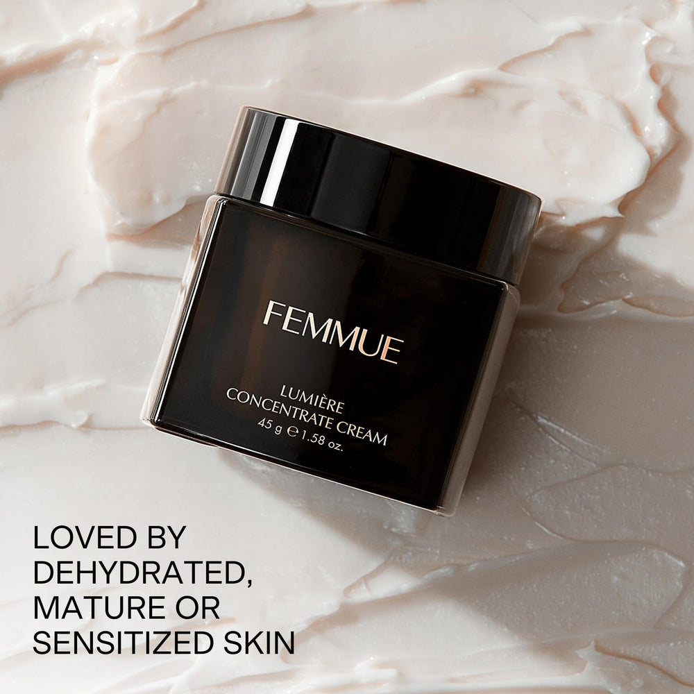 FEMMUE Lumière Cream bottle in bright morning light, premium skincare ritual inspiration.