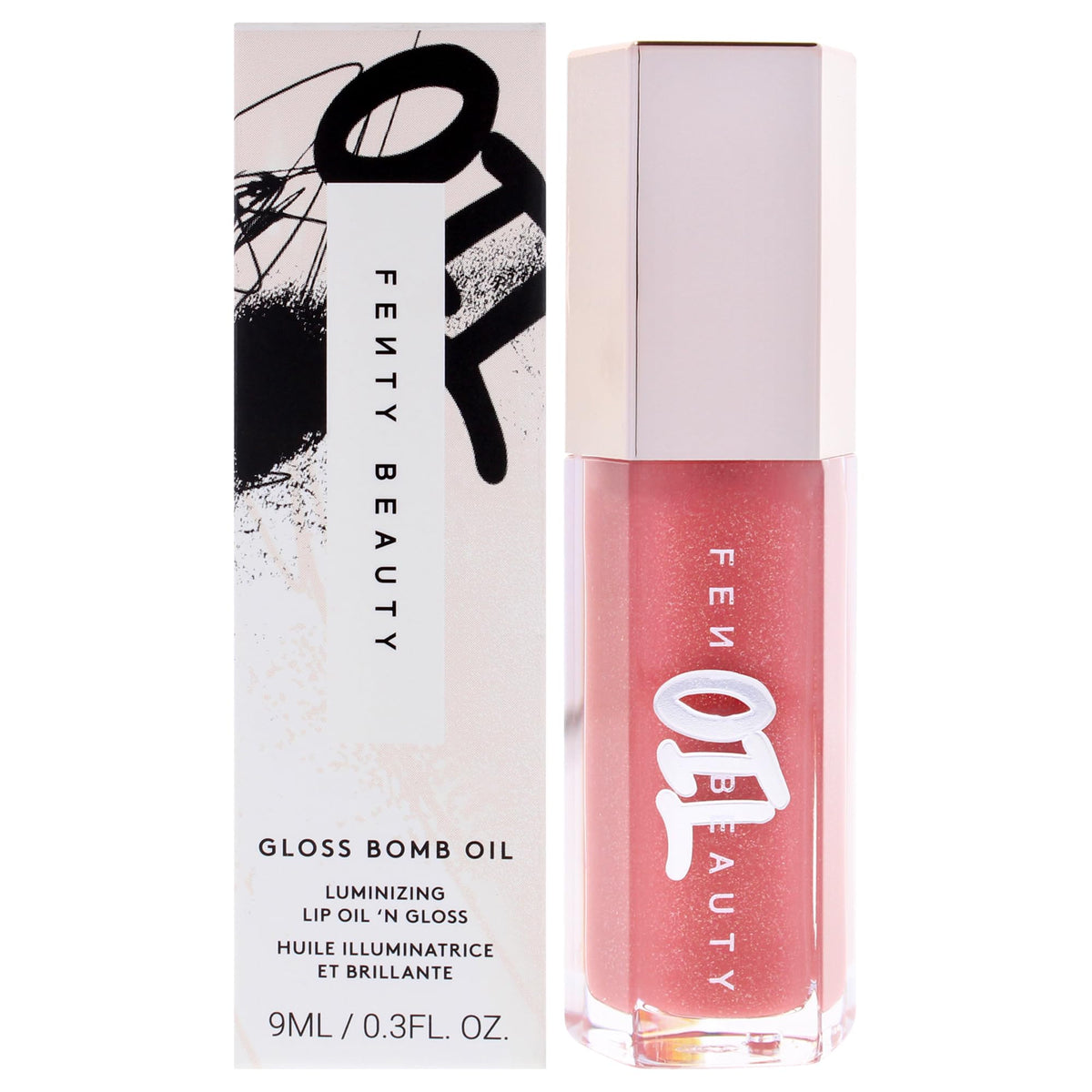 Fenty Beauty Gloss Bomb Lip Oil N Gloss 01 Fussy, front view shows rosy pink shine.