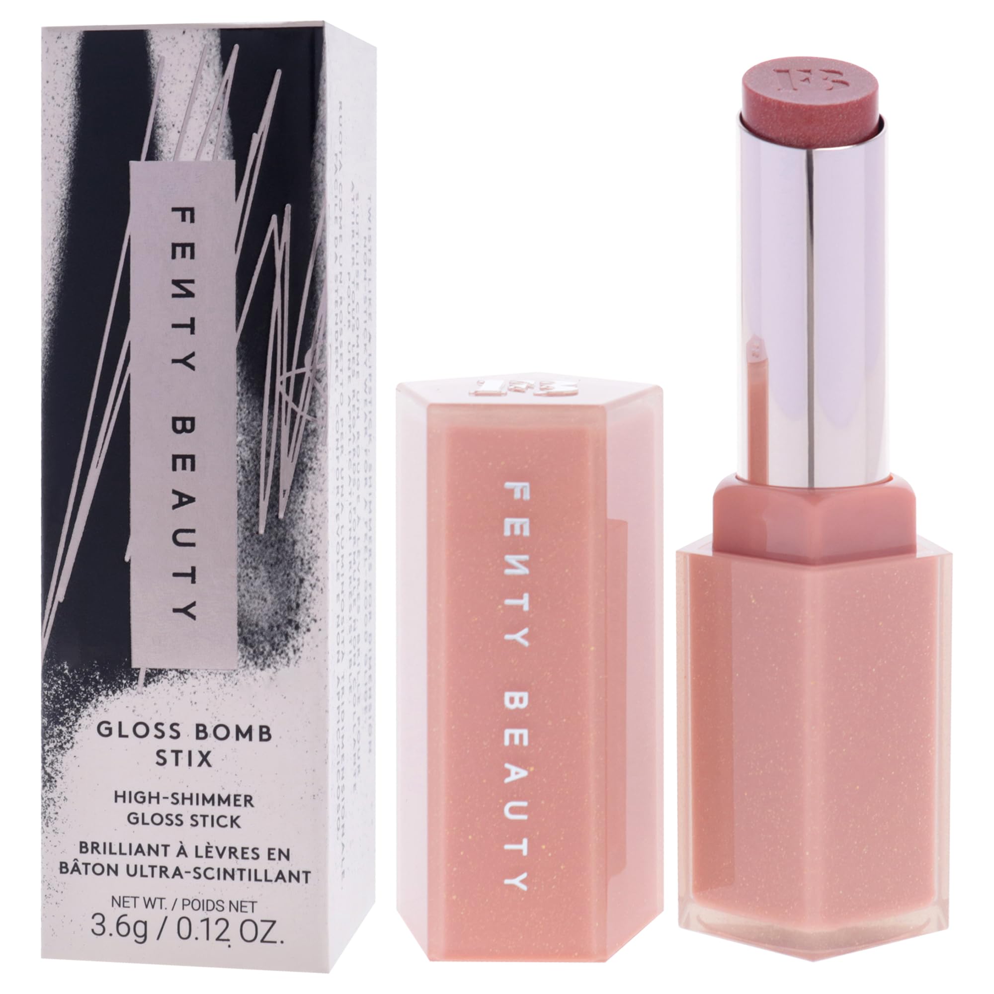 Gloss Bomb Stix Shimmer on lips highlighting a luminous, plump-looking finish