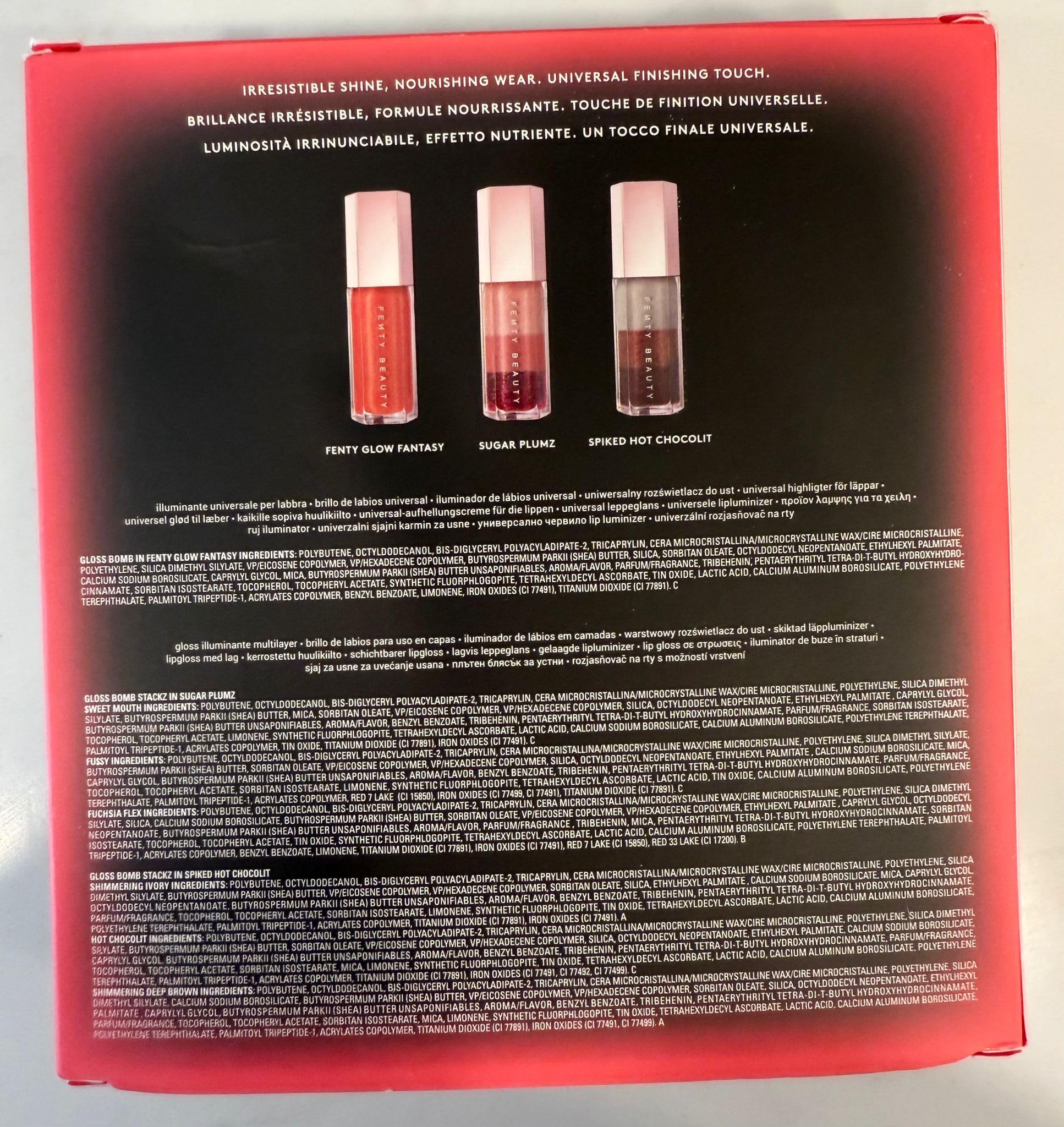 FENTY BEAUTY Gloss Bomb swatches show Glow Fantasy, Sugar Plumz, Spiked Hot Chocolit