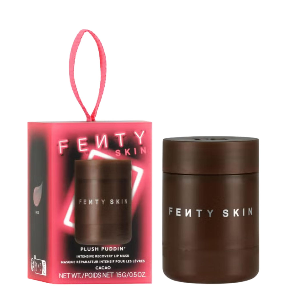 Fenty Beauty Plush Puddin' lip mask cacao jar close-up showing texture and moisture benefits.