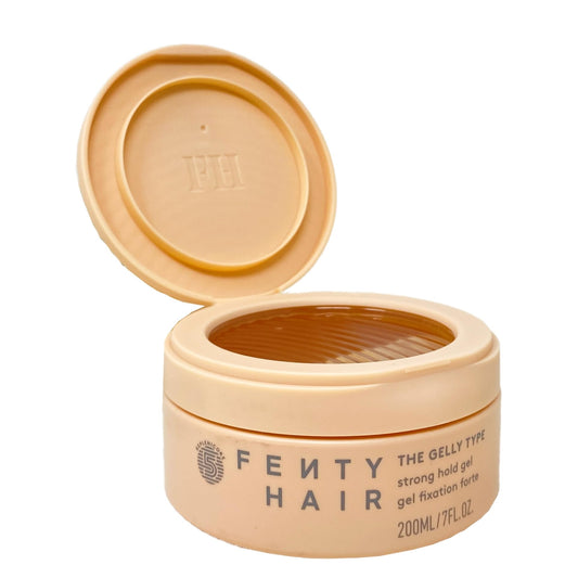 Fenty Hair The Gelly Type jar closeup showing high-performance formula for top knots