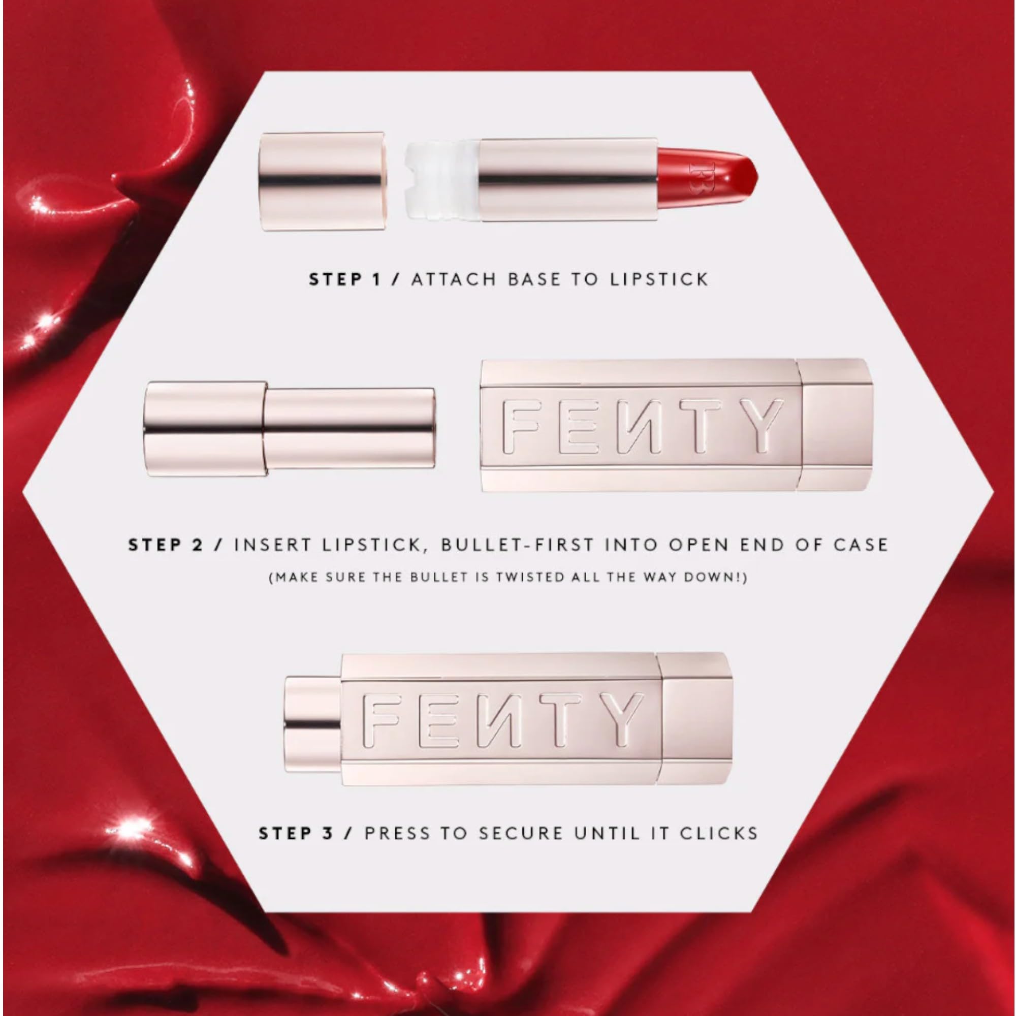 Fenty Icon The Fill refillable lipstick case beside the lipstick supports a sustainable, refillable routine.