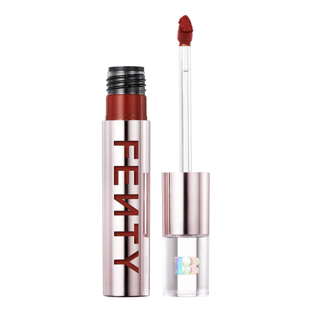 Fenty Icon Velvet Lipstick Wicked Whine application shot showing luxe, long-lasting color