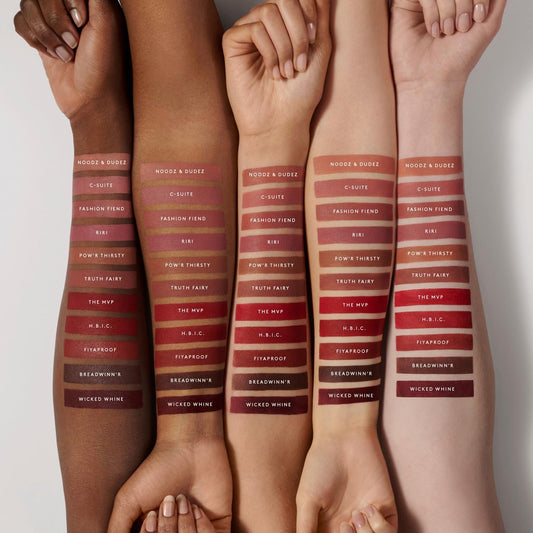Fenty Icon Velvet Lipstick Wicked Whine swatch highlights rich shade with comfortable, velvet matte finish