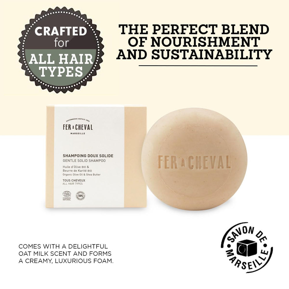 Fer à Cheval Shampoo with olive oil nourishes hair fibers gently.