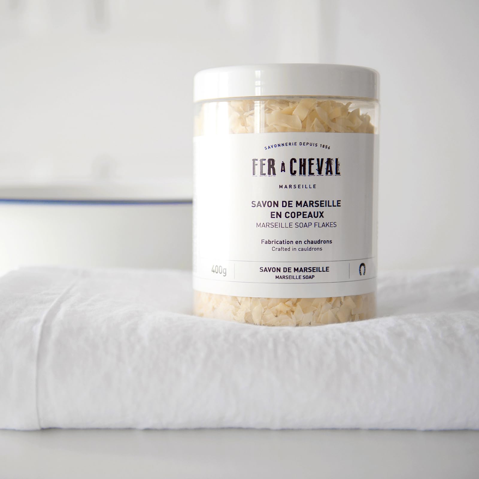 Fer à Cheval Marseille Soap Flakes from France origin emphasizes authentic soap base
