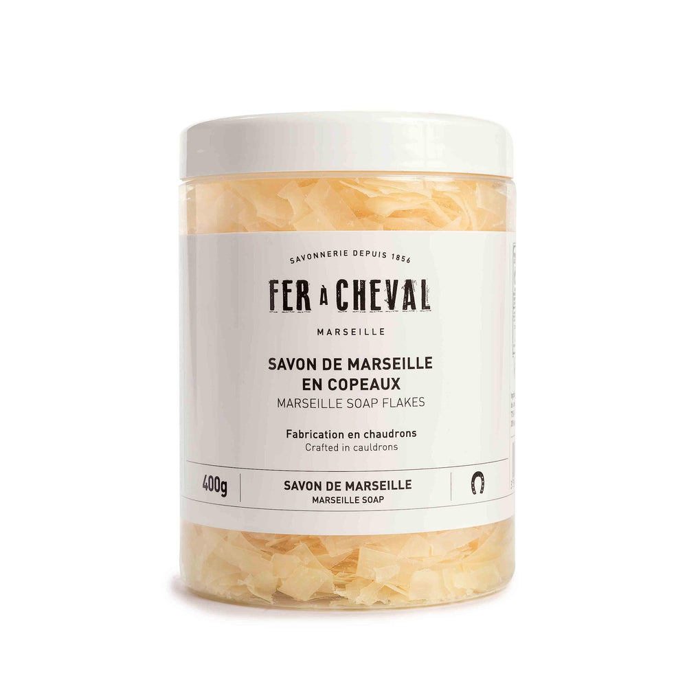 Fer à Cheval Marseille Soap Flakes packaging shows a premium base for handmade soaps