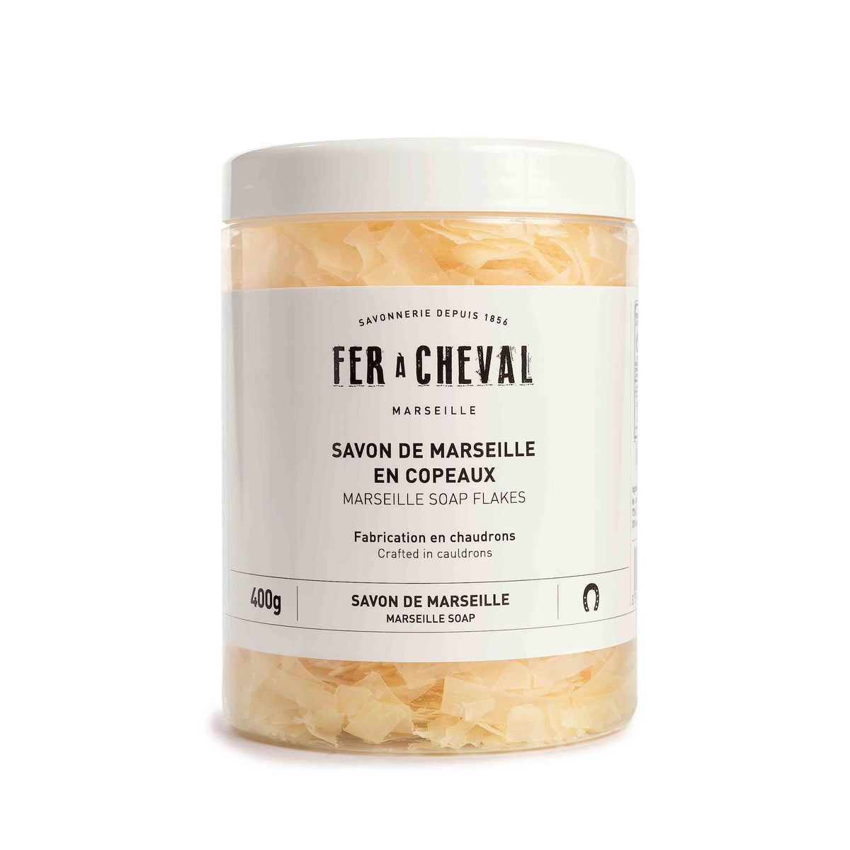Fer à Cheval Marseille Soap Flakes packaging shows a premium base for handmade soaps
