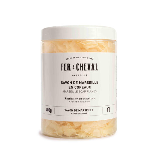 Fer à Cheval Marseille Soap Flakes packaging shows a premium base for handmade soaps