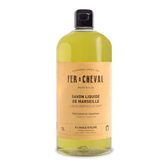 Fer à Cheval Olive Oil Marseille soap bottle, 1L, for gentle daily cleansing.