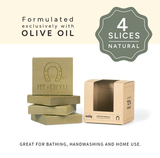 Fer à Cheval olive oil soap cubes close-up showing natural, hypoallergenic formula.