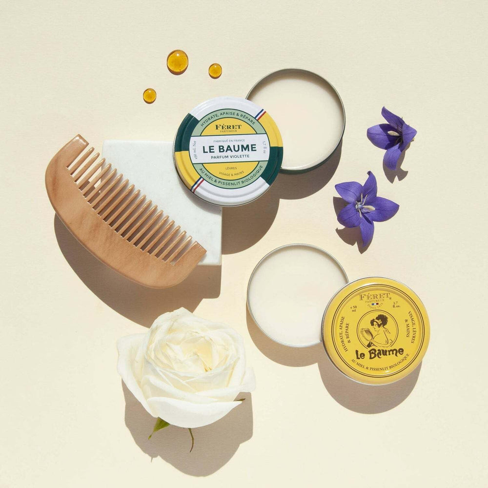 Feret Parfumeur Le Baume Violette lip application provides smooth, nourished lips.
