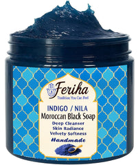 FERIHA Moroccan Black Soap indigo jar—pore cleansing for refreshed skin.