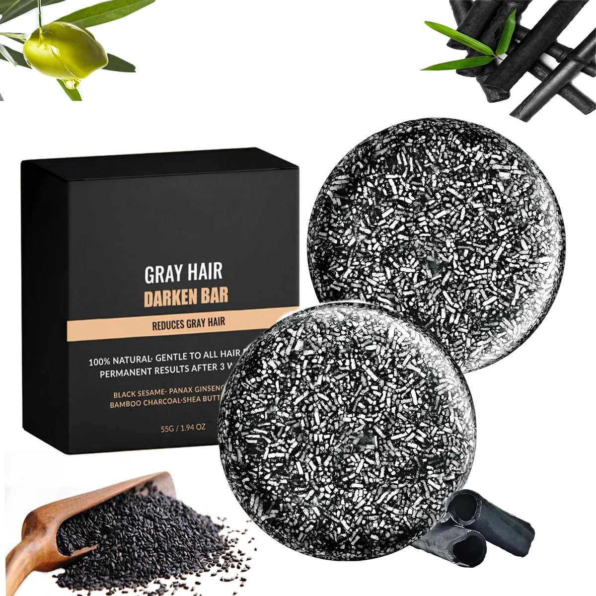 F FENG PEI gray hair reverse bar soap for subtle gray coverage and color renewal.