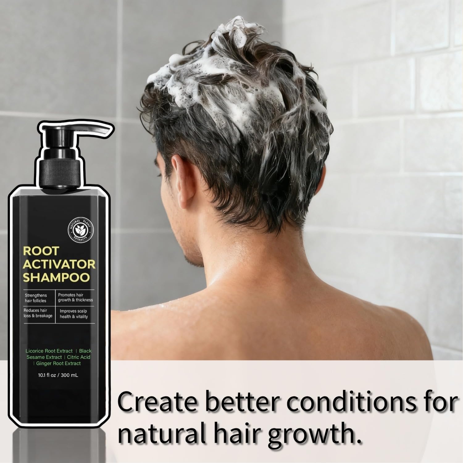 FHH Root Activator Shampoo texture on palm hints herbal consistency for easy application.