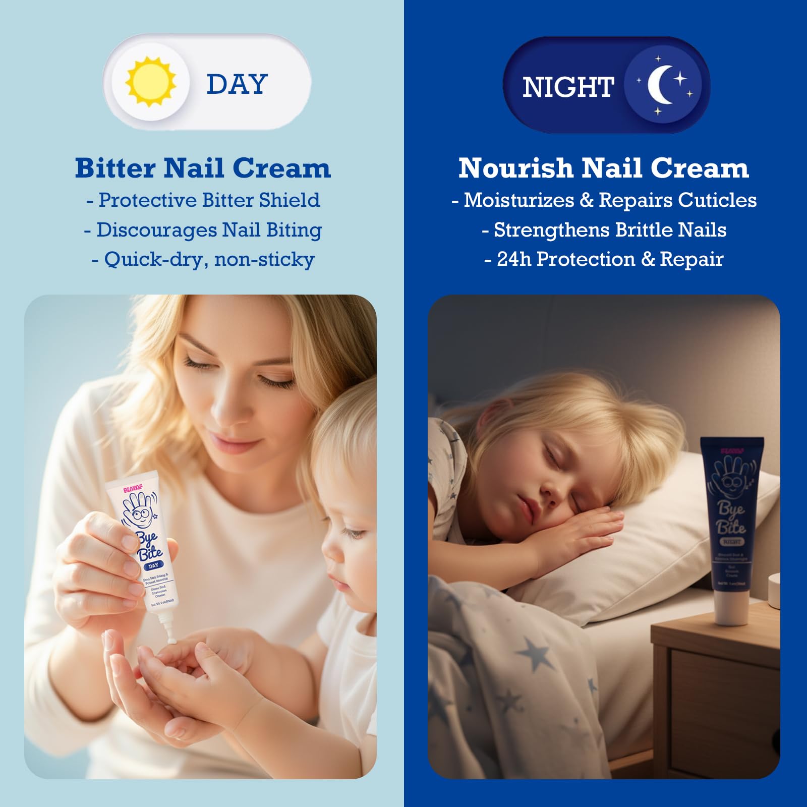 FIAYAF ByeBite Nail Care Duo packaging highlights day and night solutions.
