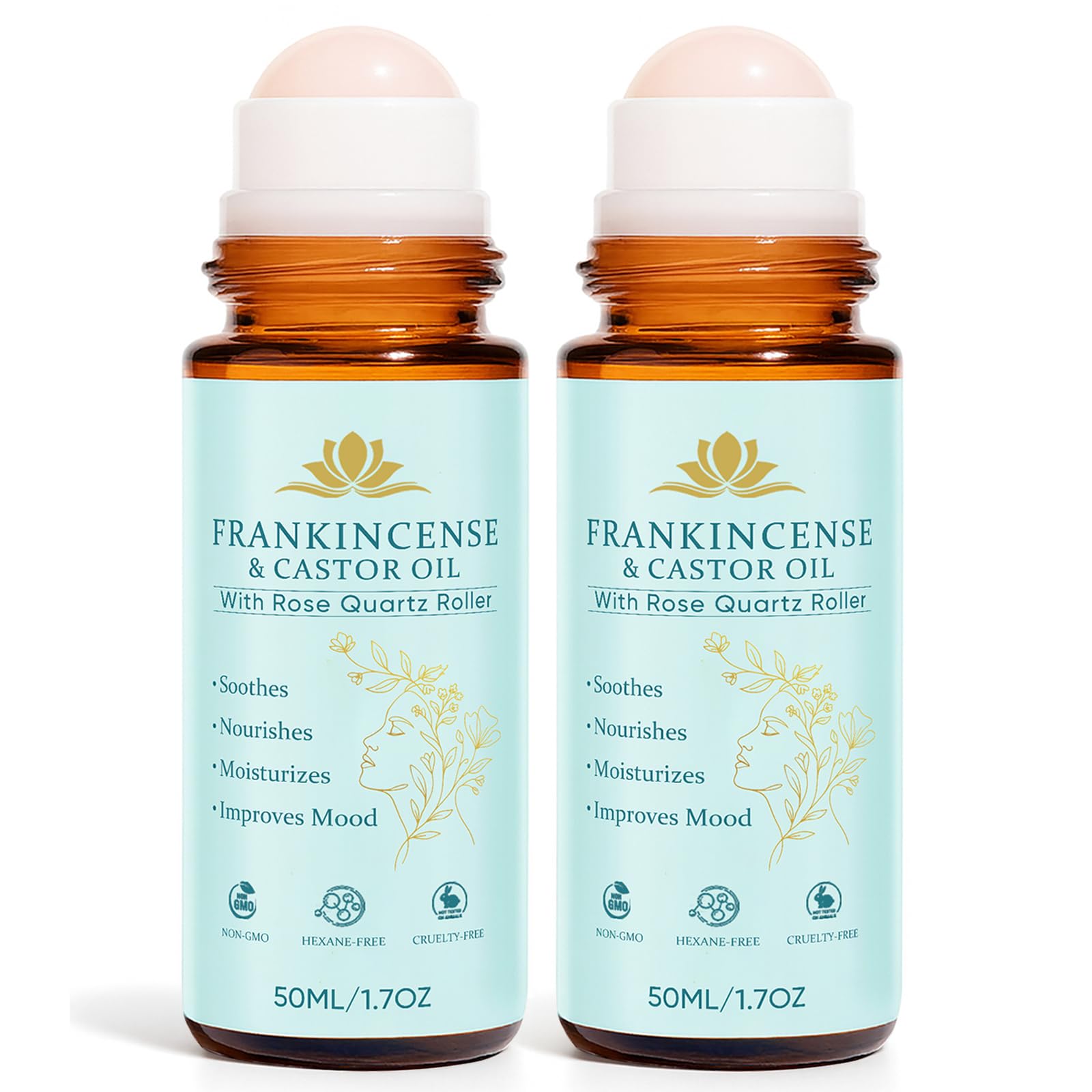 Fibosara frankincense and castor oil roll-on bottle with rose quartz for facial hydration.