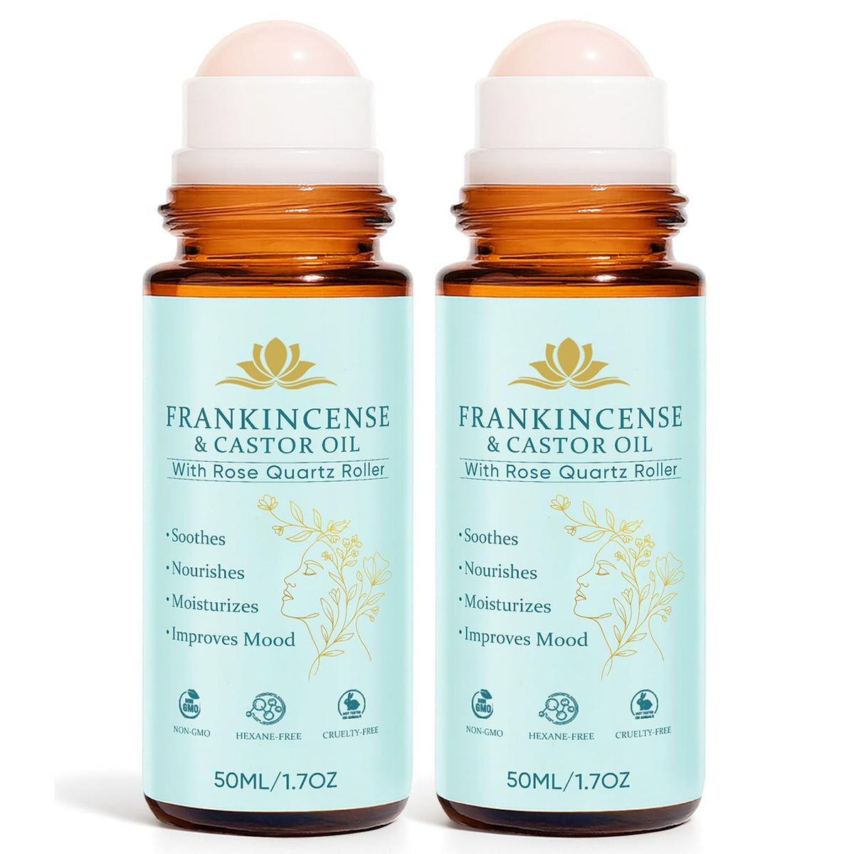 Fibosara frankincense and castor oil roll-on bottle with rose quartz for facial hydration.