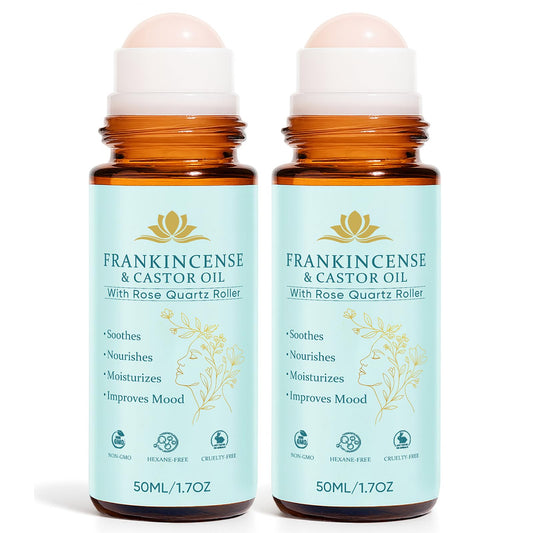 Fibosara frankincense and castor oil roll-on bottle with rose quartz for facial hydration.