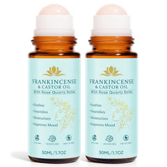 Fibosara frankincense and castor oil roll-on bottle with rose quartz for facial hydration.