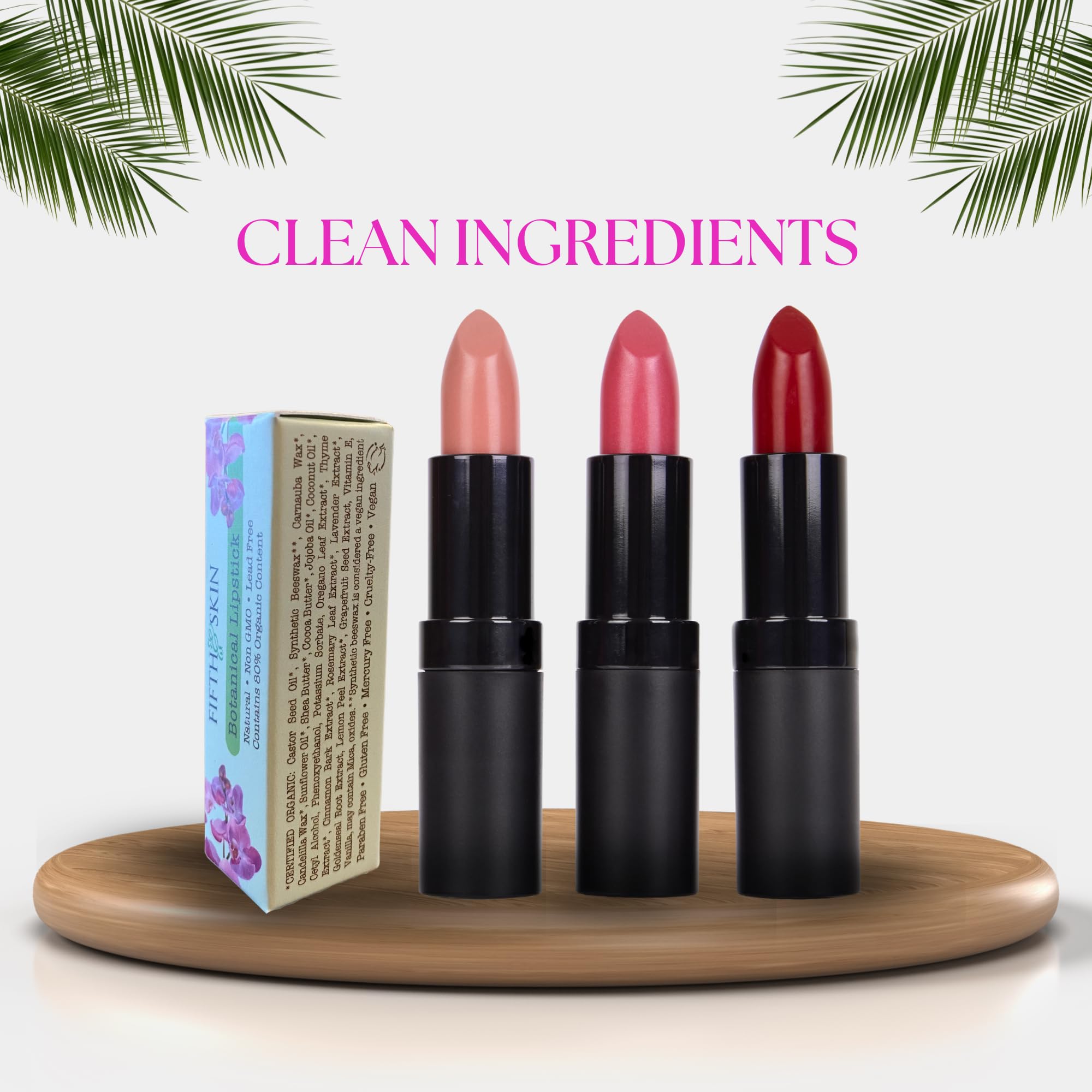 Fifth & Skin Berry Red lipstick sits neatly in a vanity set