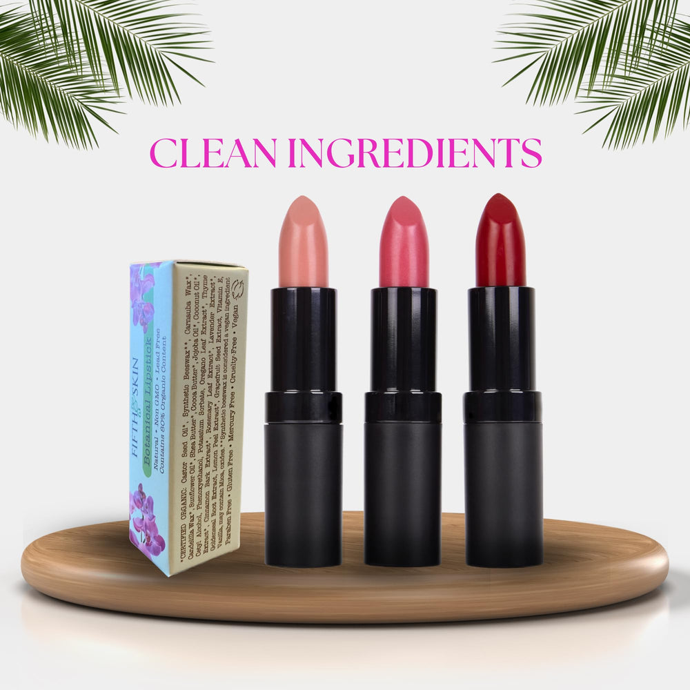 Fifth & Skin Berry Red lipstick sits neatly in a vanity set