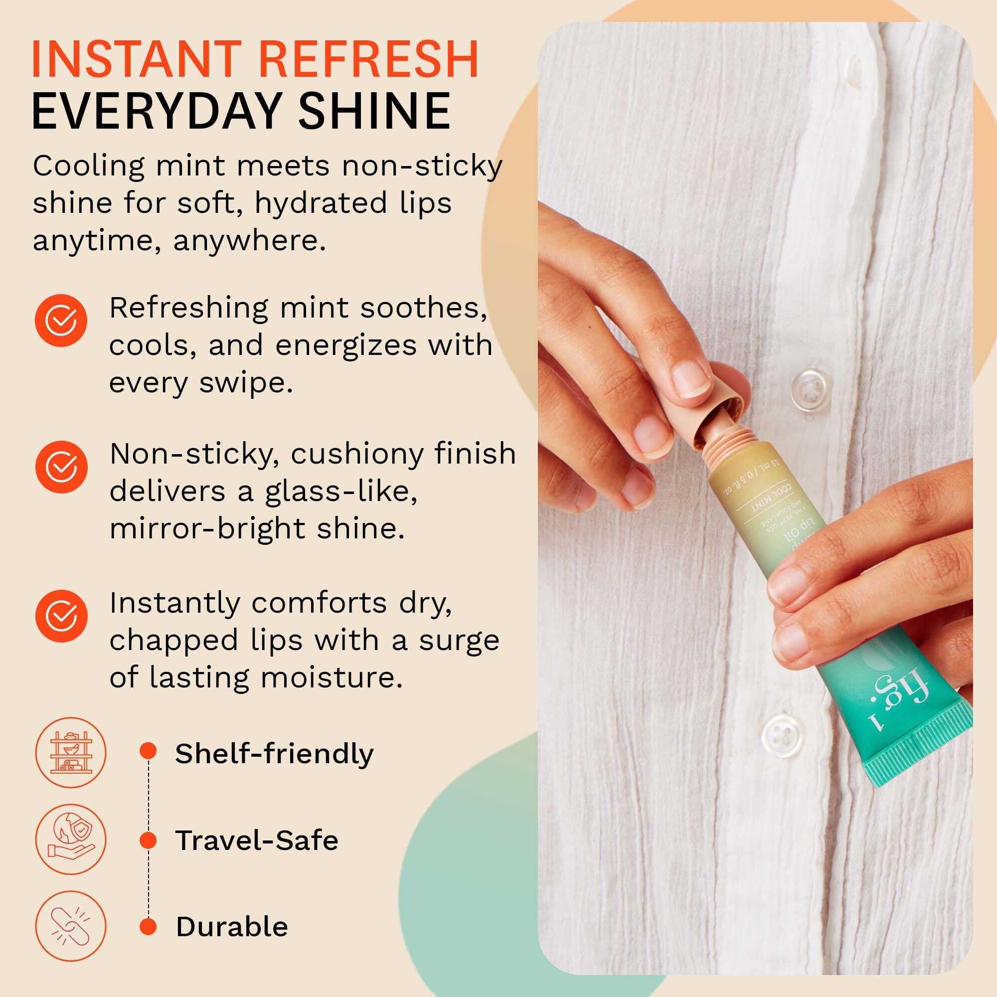 Fig.1 fragrance-free lip oil shows clean formula for sensitive lips