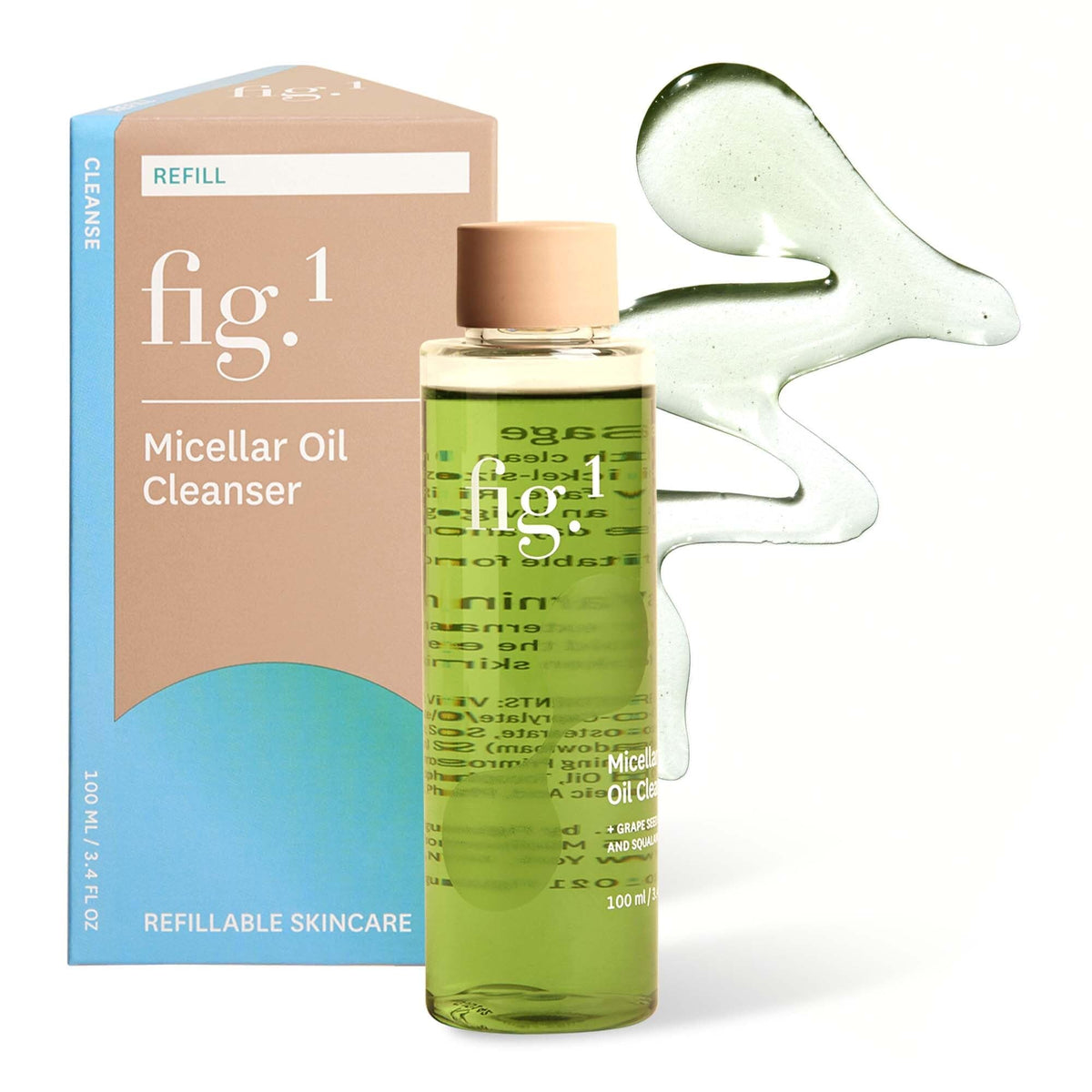 Fig.1 micellar oil cleanser refill packaging close-up highlighting sustainable design.