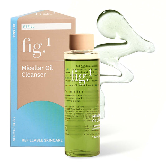 Fig.1 micellar oil cleanser refill packaging close-up highlighting sustainable design.