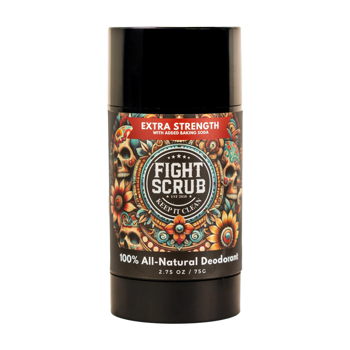 Fight Scrub Extra Strength Deodorant bottle closeup highlights unscented, aluminum-free protection for active days.