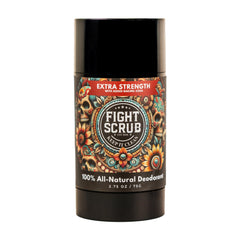 Fight Scrub Extra Strength Deodorant bottle closeup highlights unscented, aluminum-free protection for active days.