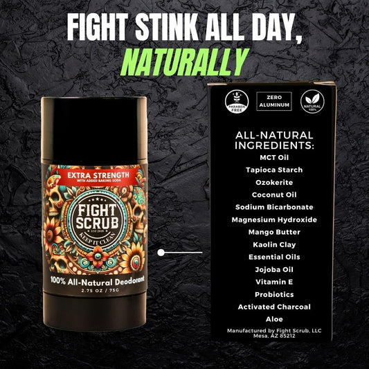 Fight Scrub Extra Strength Deodorant stick application demonstrates easy, non-sticky use for daily wear.