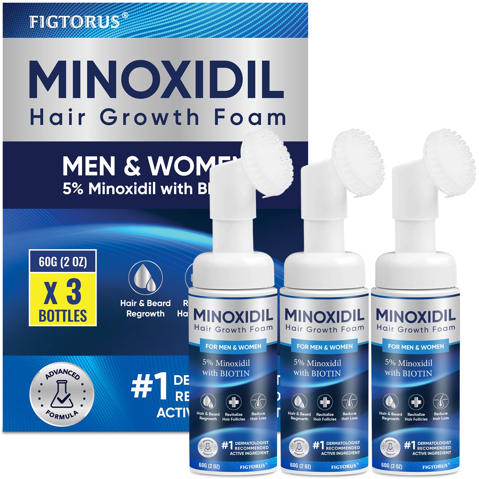 FIGTORUS 5% Minoxidil Foam bottle enhances scalp coverage for potential hair growth.