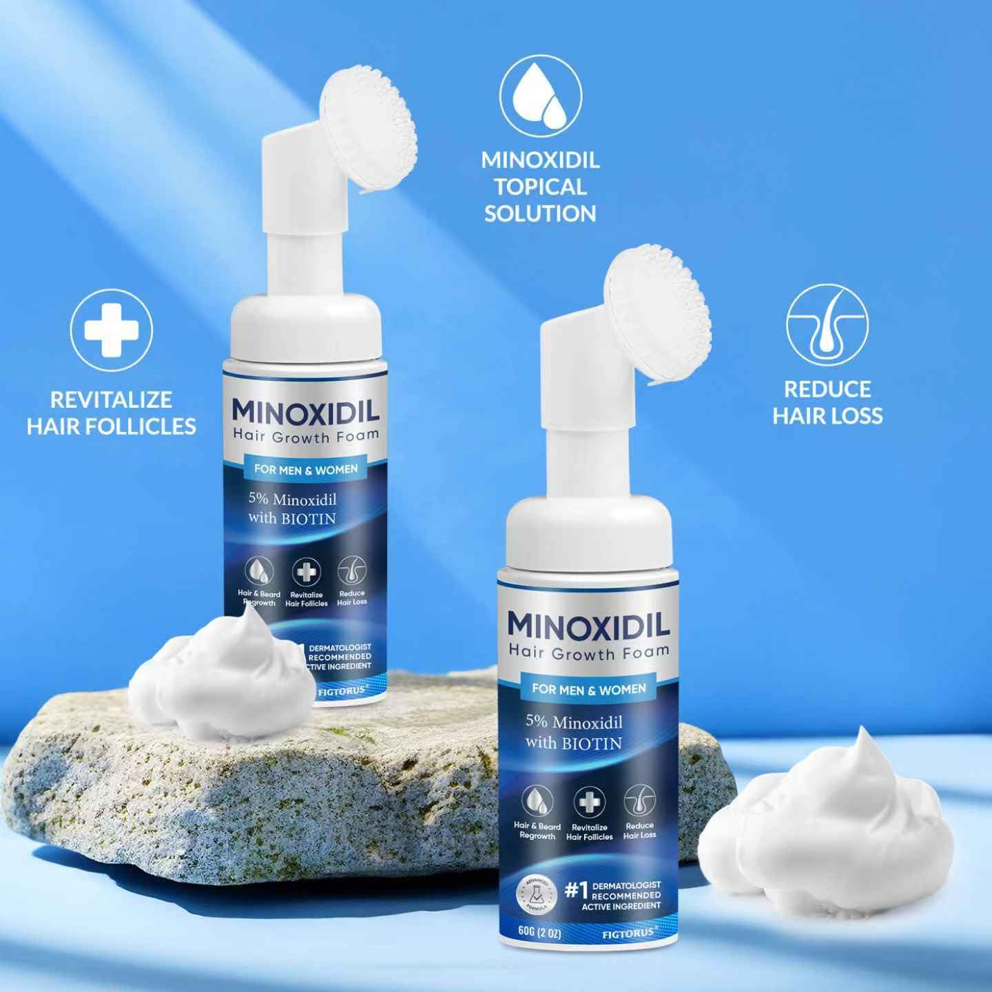 FIGTORUS minoxidil foam label detail showcases 5% formula with nourishing ingredients.