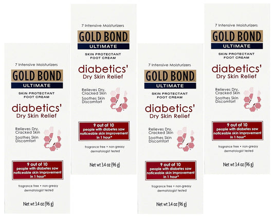 Fiico Gold Bond Foot Cream packaging shows a four-pack for ongoing moisture