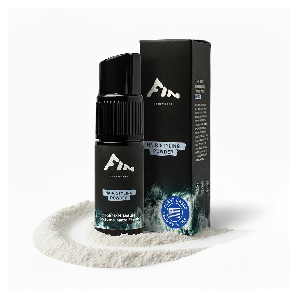 Fin Hairworks texture powder bottle pump enables precise, travel-friendly styling.