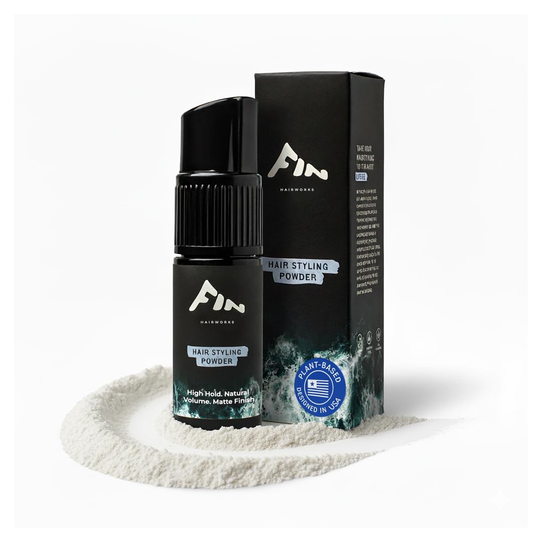 Fin Hairworks texture powder bottle pump enables precise, travel-friendly styling.