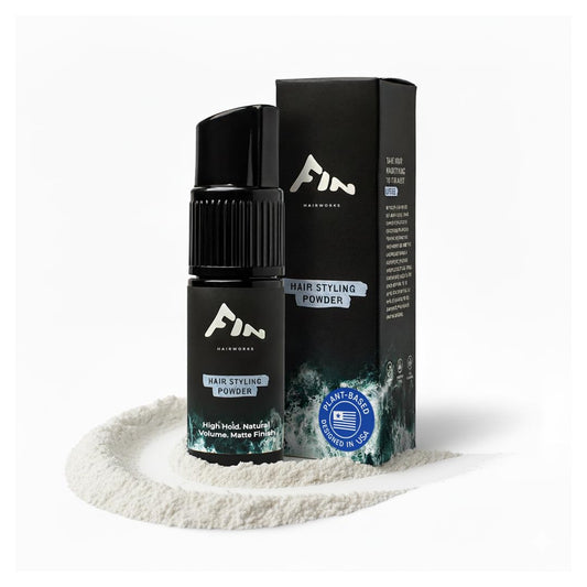 Fin Hairworks texture powder bottle pump enables precise, travel-friendly styling.
