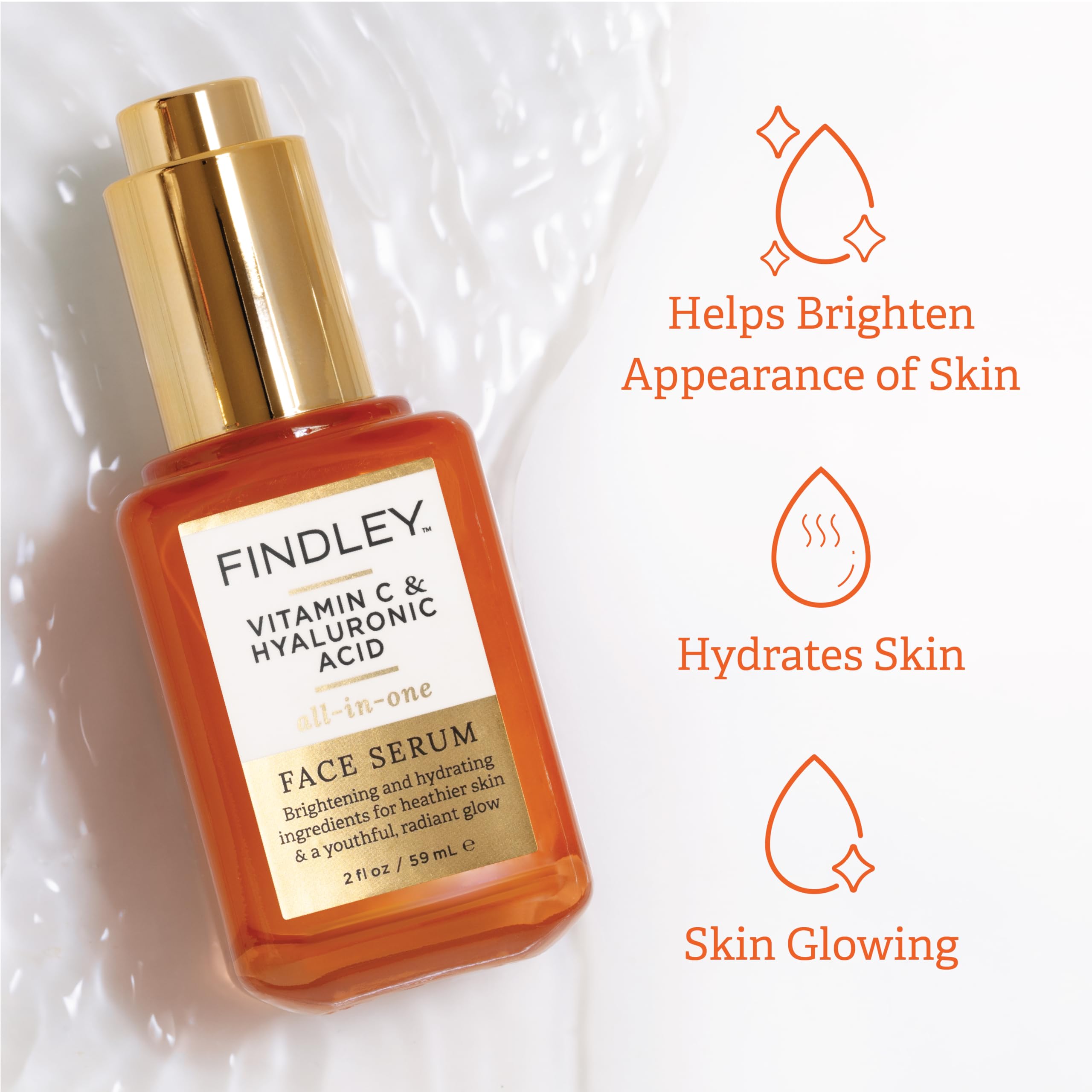 Findley All-in-One Serum packaging beside ingredients conveys a hydrating formula.
