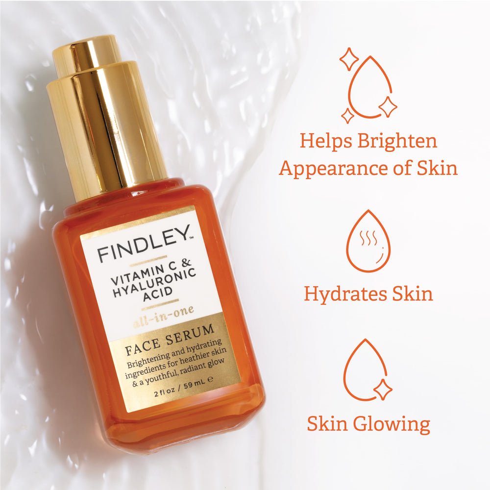 Findley All-in-One Serum packaging beside ingredients conveys a hydrating formula.