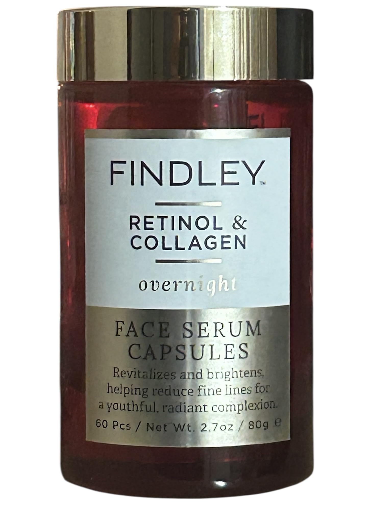 Findley retinol and collagen capsule for targeted facial nourishment, smoothing skin and reducing fine lines.