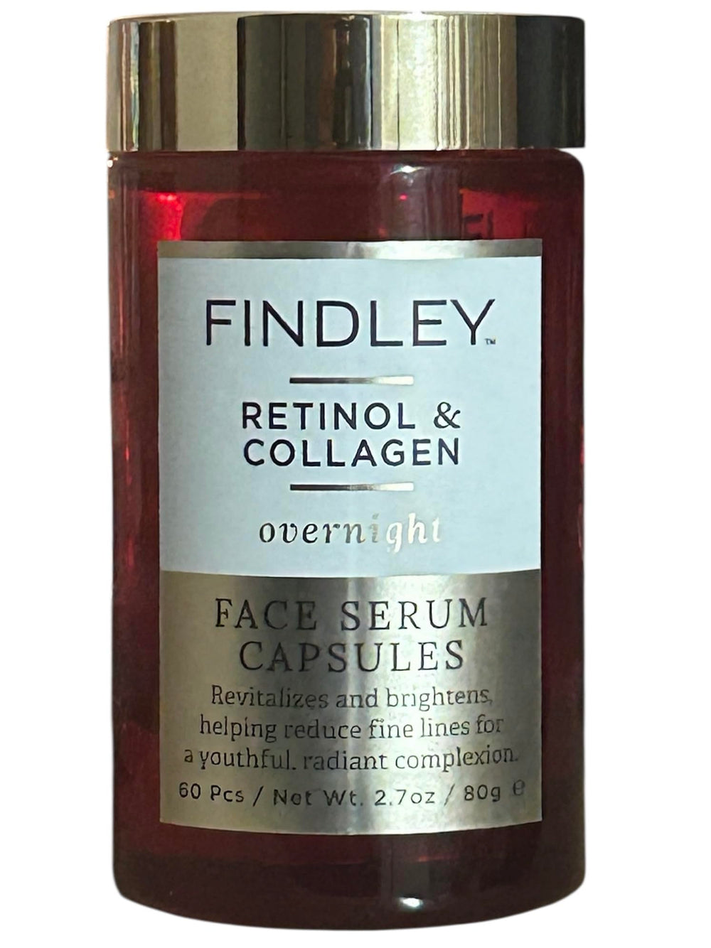 Findley retinol and collagen capsule for targeted facial nourishment, smoothing skin and reducing fine lines.