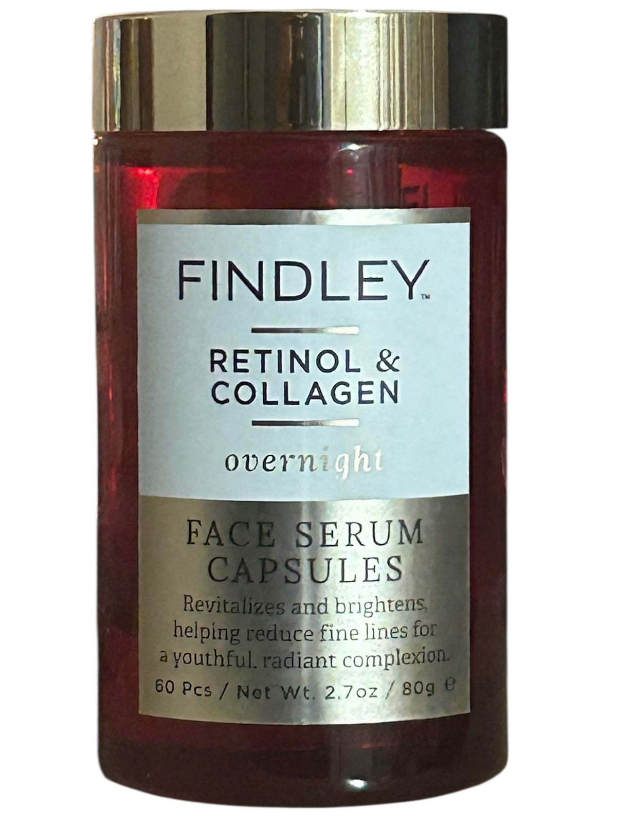 Findley retinol and collagen capsule for targeted facial nourishment, smoothing skin and reducing fine lines.